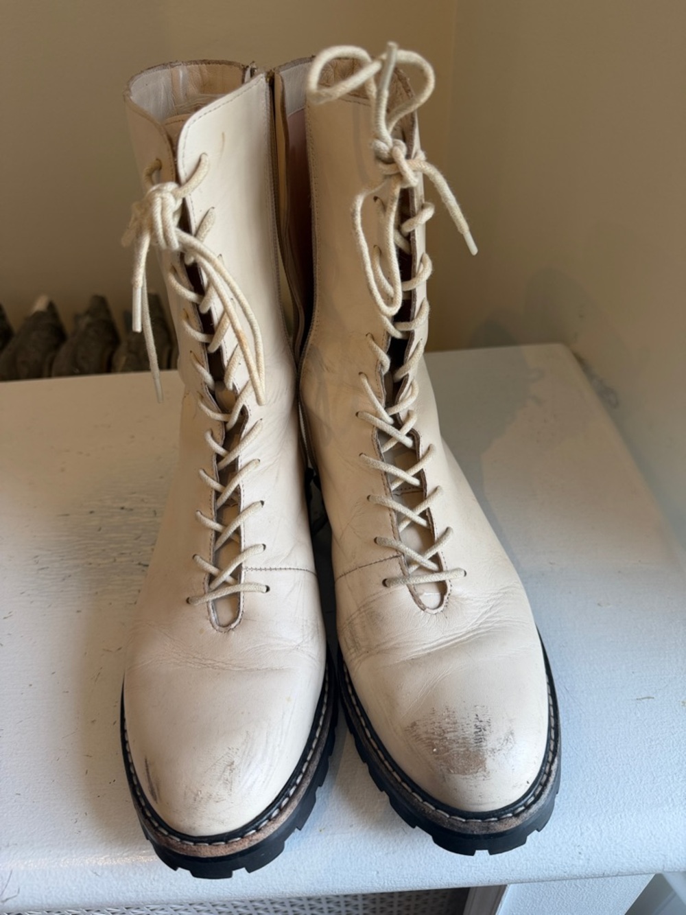 Women’s Jcrew Lace-Up Leather Combat Boots in Cream